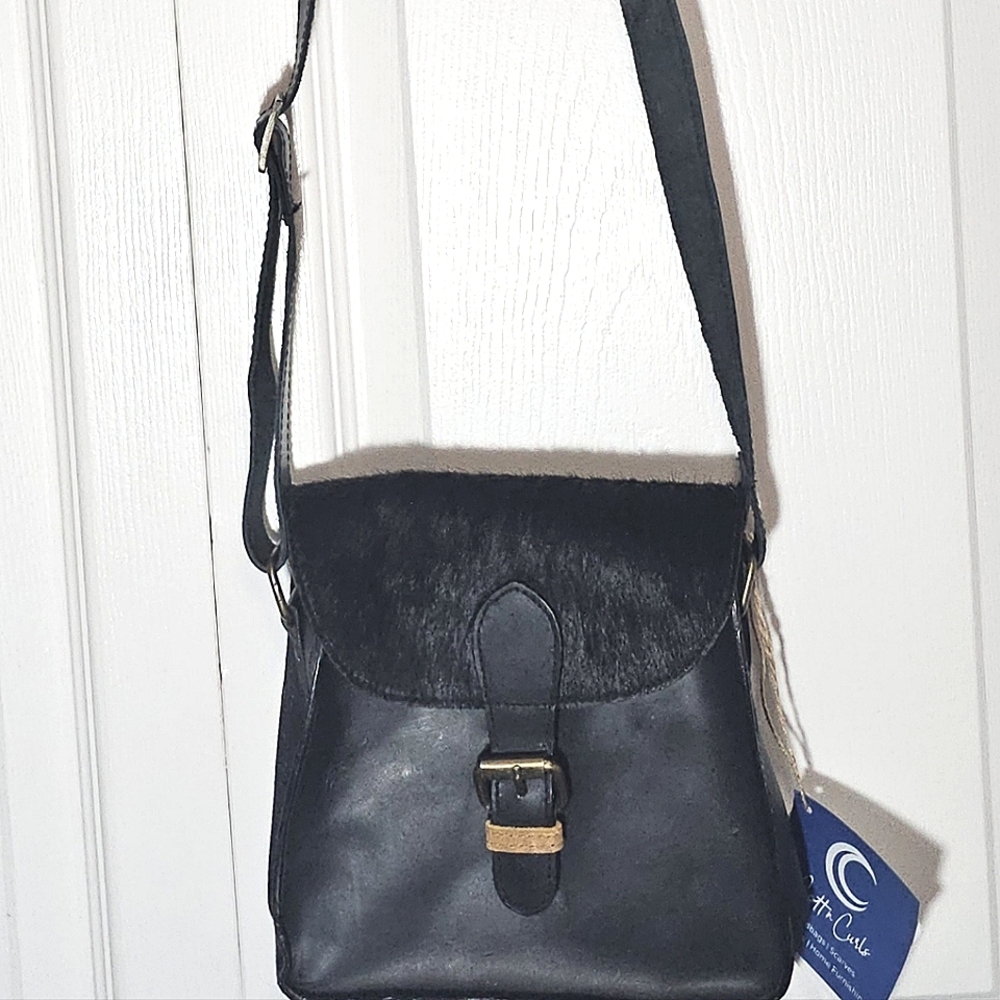Black‎ Luxe Sling Crossbody Shoulder Bag Purse Animal Hair Faux Leather Sleek